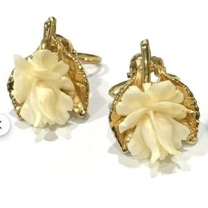 Napier Sterling Vermeil Cream Carved Rose Earrings Clip-On, Vintage